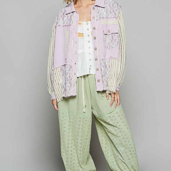 P7239 POL  Lavender jacket, balloon sleeve, relaxed fit top in twill with lace - Picture 5 of 5